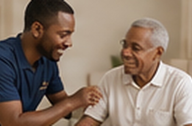 Male caregiver supporting elderly man